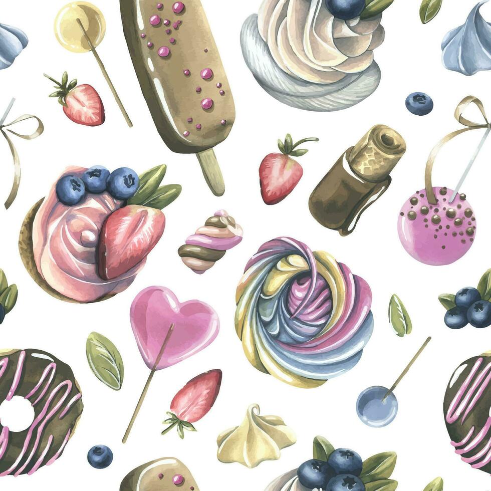 Cakes with brownies, donuts, marshmallows, lollipops, strawberries and blueberries. Watercolor illustration hand drawn. Seamless pattern on a white background. vector