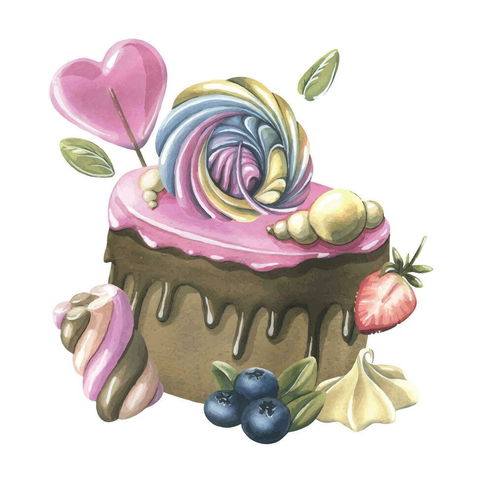 Chocolate cake with pink icing, marshmallows, meringue and strawberries. Watercolor illustration hand drawn. Isolated composition on a white background. vector