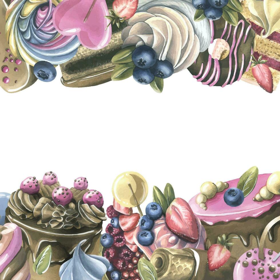 Cakes with brownies, donuts, marshmallows, lollipops, strawberries and blueberries. Watercolor illustration hand drawn. Template, frame on a white background vector
