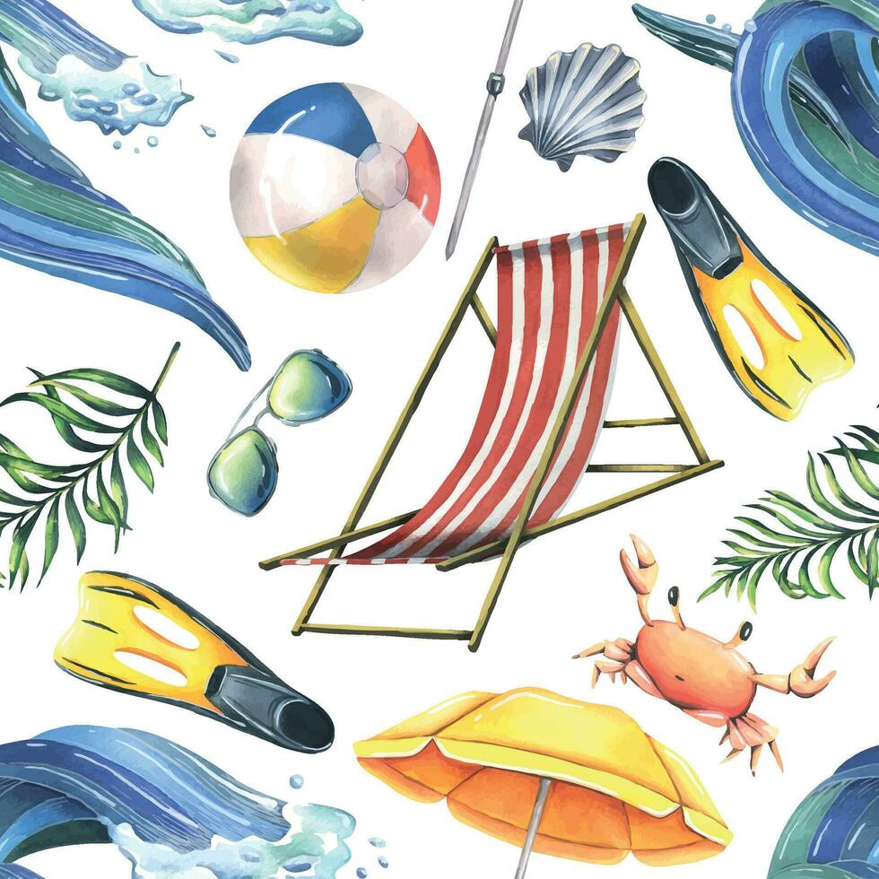 Sun loungers, inflatable toys, sun umbrella, tropical palm leaves. Watercolor illustration, hand drawn for cards, posters, beach and summer. Seamless pattern on a white background vector