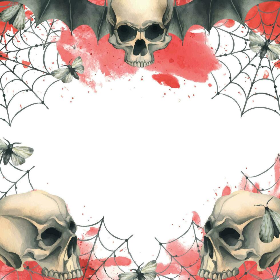 Human skull with black bat wings with a bloodstain, cobwebs and night moths for the holiday of Death Day and Halloween. Watercolor illustration, hand drawn. Template on a white background vector