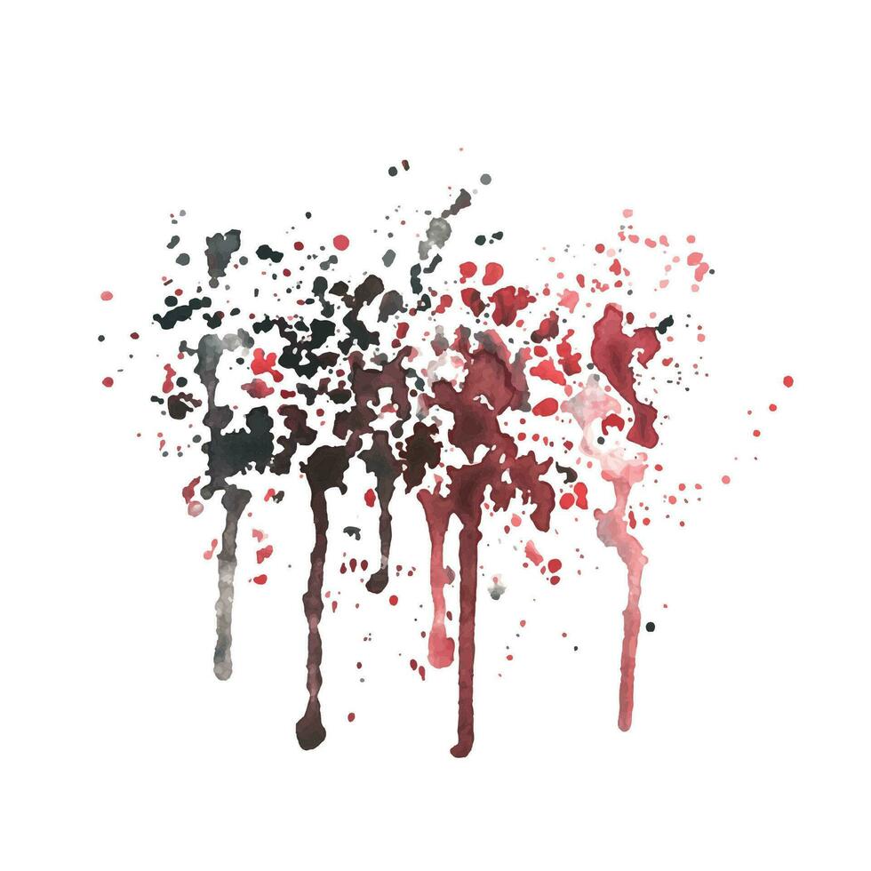 Red, burgundy, black spots, splashes, smudges of watercolor paint drawn by hand. Isolated object on a white background. vector