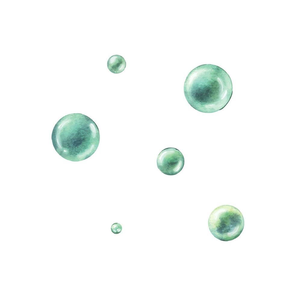 Turquoise, blue, green soap and water bubbles. Hand drawn watercolor illustration. Set of isolated objects on a white background vector