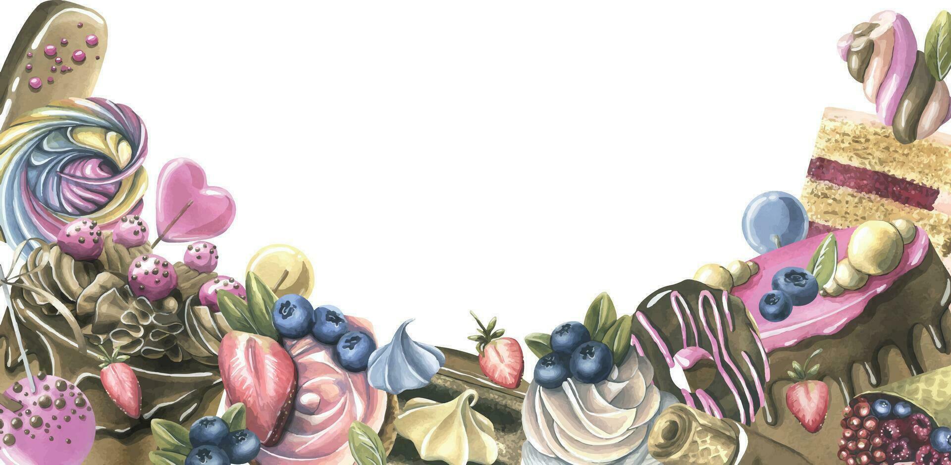 pasteles con Brownies, donas, Malvaviscos, piruletas, fresas y arándanos acuarela ilustración mano dibujado. plantilla, marco en un blanco antecedentes vector