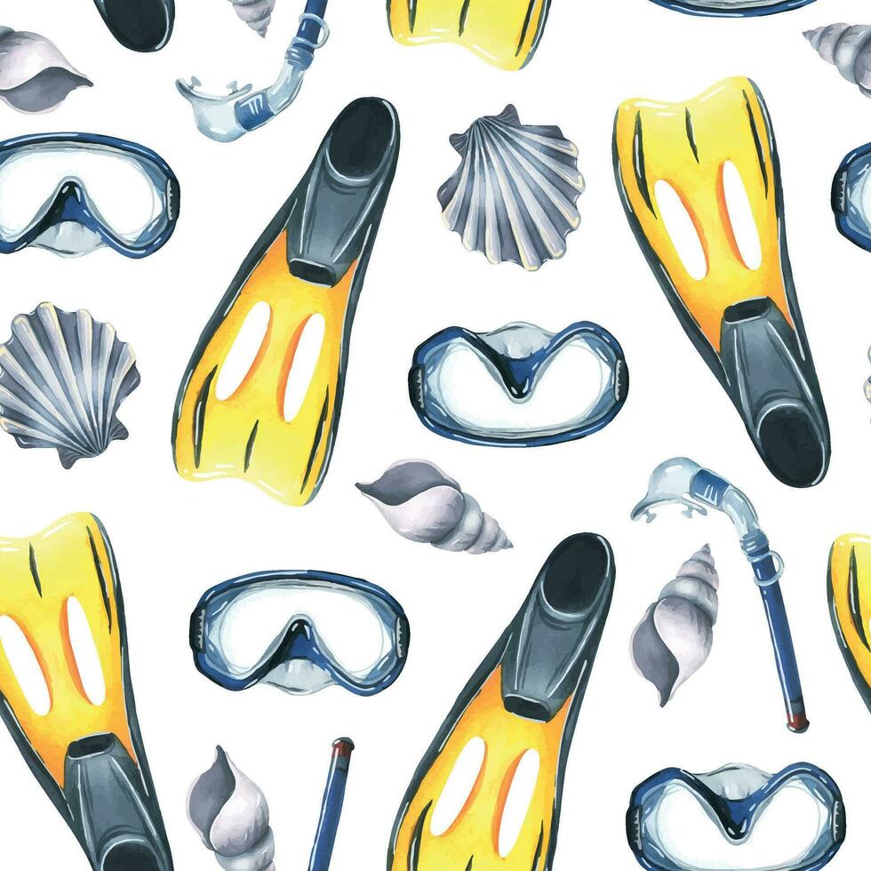 fins, shells, mask and snorkel. Watercolor illustration, hand drawn. Seamless pattern on a white background. vector