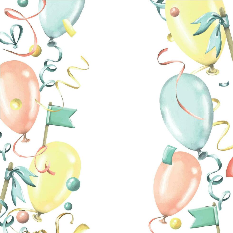 Red, blue and yellow balloons with flags, confetti, ribbons and serpentine. Watercolor illustration, hand drawn. Template, frame for birthday on a white background. vector