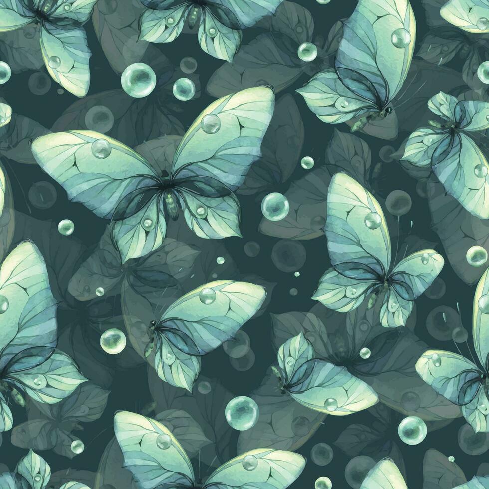 delicado turquesa y azul mariposas con burbujas son aireado, luz, hermosa. mano dibujado acuarela ilustración. sin costura modelo en un oscuro antecedentes para tela, textiles, fondo de pantalla, embalaje vector