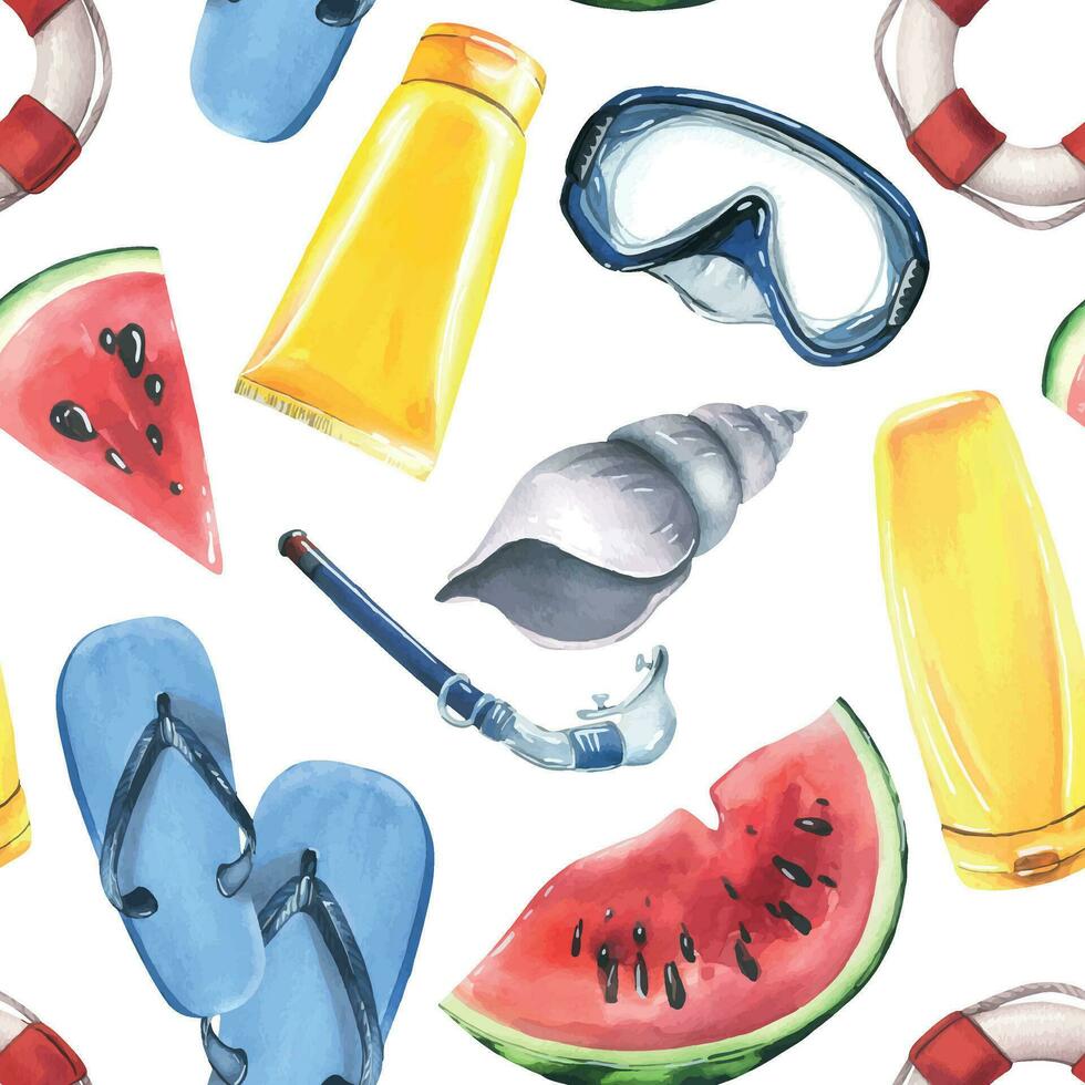 lifebuoy, flipflops, sunblock, shells, mask and snorkel, pieces of watermelon. Watercolor illustration, hand drawn. Seamless pattern on a white background. vector