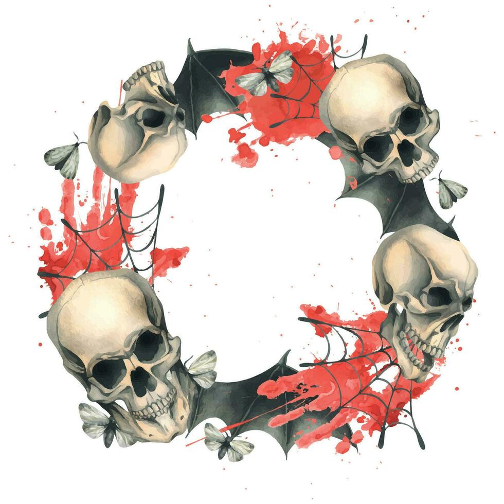 Human skull with black bat wings with a bloodstain, cobwebs and night moths for the holiday of Death Day and Halloween. Watercolor illustration, hand drawn. Circle frame, wreath on a white background. vector