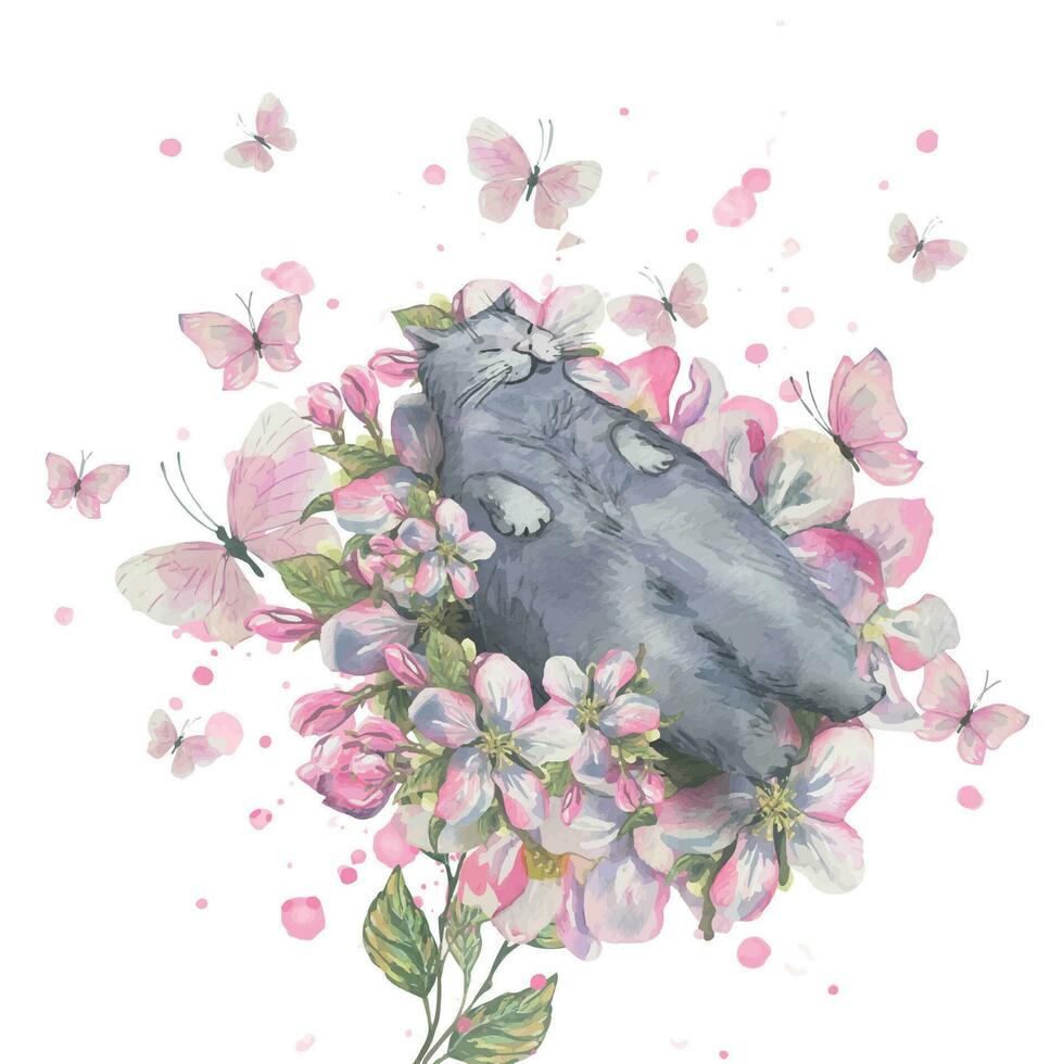 linda gris gato, acostado en el flores de un manzana árbol con mariposas en lila y rosado colores. acuarela ilustración, primavera, delicado composición. para el diseño de postales, carteles, recuerdos vector