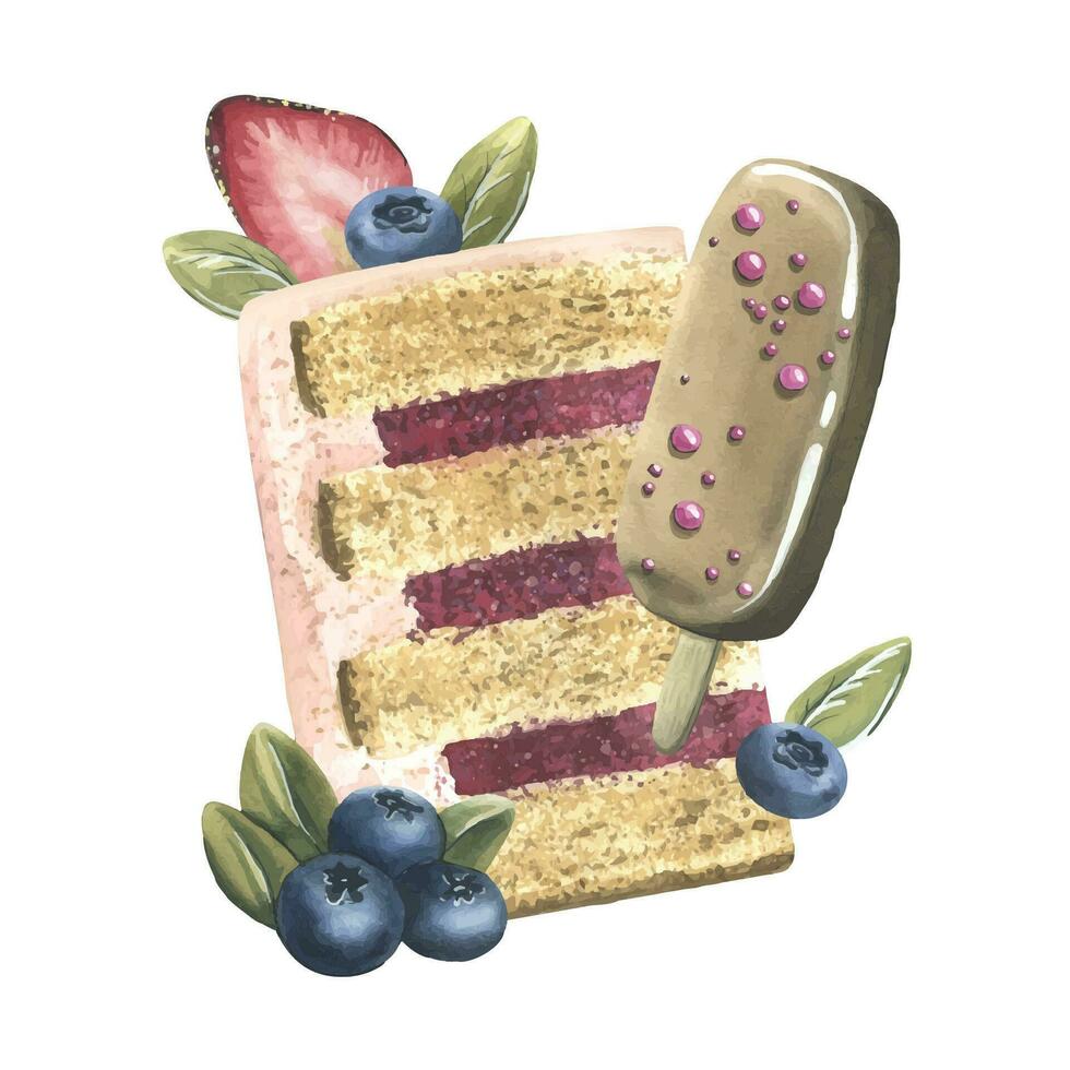 A piece of cake decorated with strawberries, blueberries, meringue and cream. Watercolor illustration. A composition from the collection of SWEETS. For the design and design of menus, recipes, cafes. vector