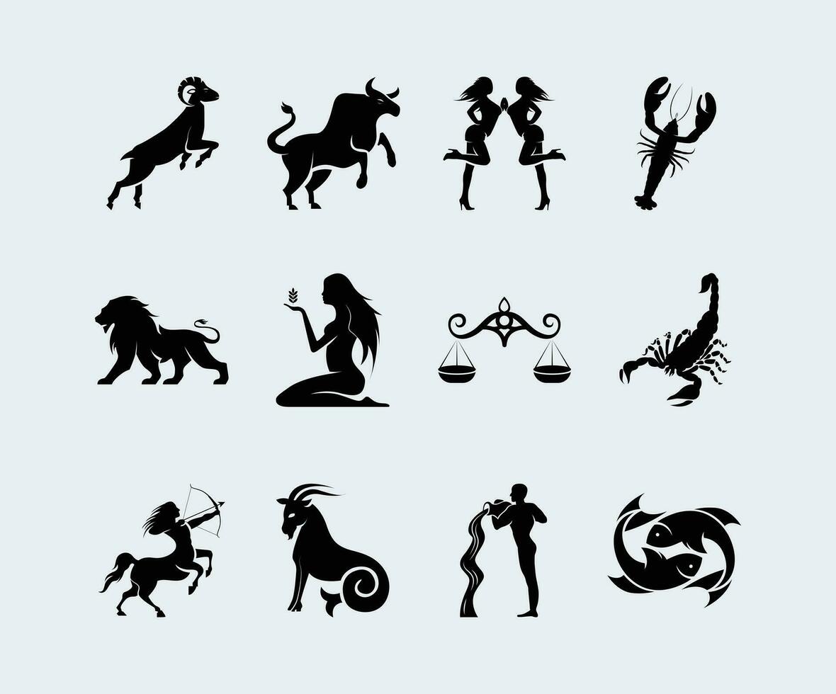 Silhouette zodiac symbols and signs vector flat icons set