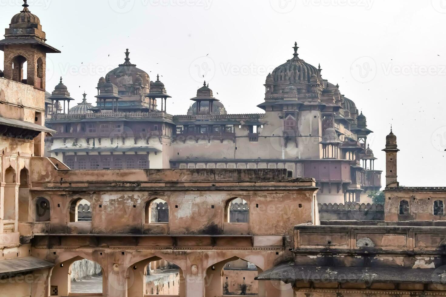 Beautiful view of Orchha Palace Fort, Raja Mahal and chaturbhuj temple from jahangir mahal, Orchha, Madhya Pradesh, Jahangir Mahal Orchha Fort in Orchha, Madhya Pradesh, Indian archaeological sites photo