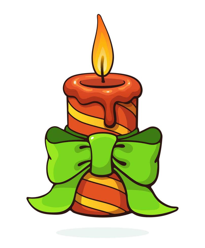 Cartoon illustration of Christmas candle with a bow knot. Hand Drawn vector illustration with outline. Isolated on white background