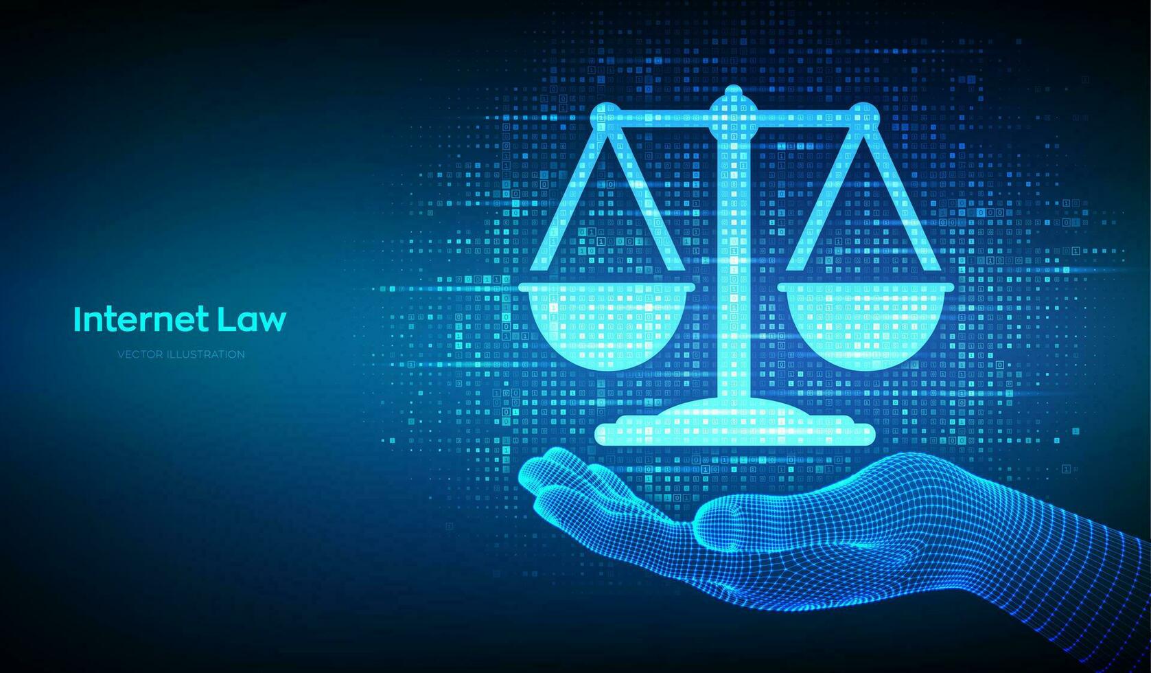 Internet law icon made with binary code in hand. Cyberlaw as digital legal services or online lawyer advice concept. Labor law, Lawyer, Attorney at law. Streaming digital code. Vector illustration.