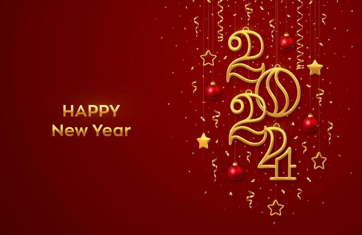 Happy New 2024 Year. Hanging Golden metallic numbers 2024 with shining 3D metallic stars, balls and confetti on red background. New Year greeting card, banner template. Realistic Vector illustration.