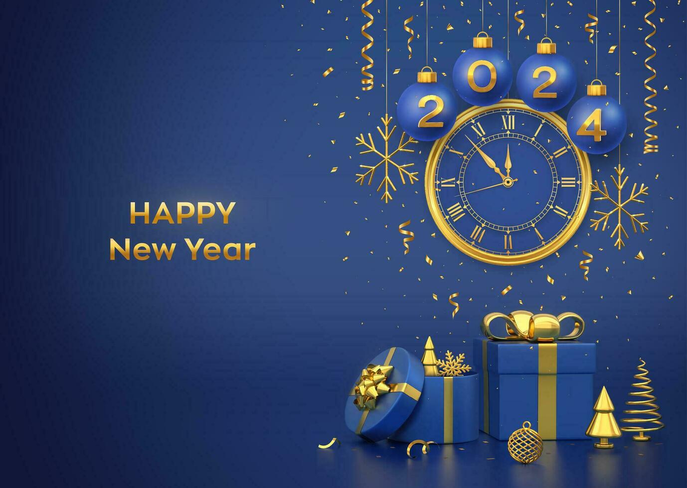 Happy New 2024 Year. Merry christmas card. Blue Christmas bauble balls