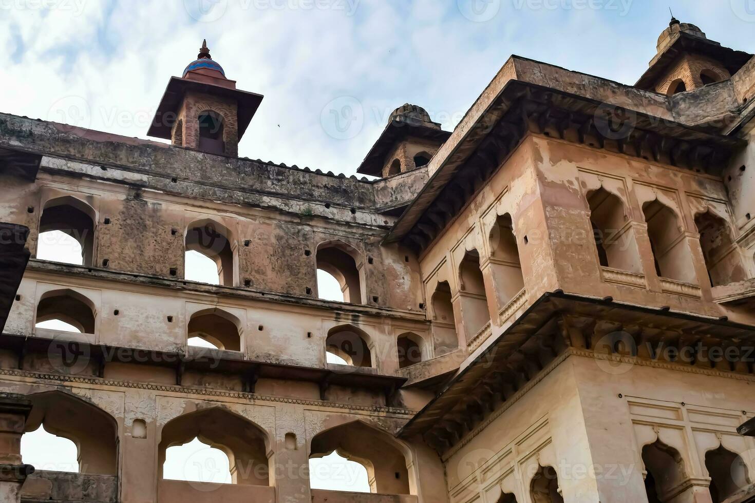 Beautiful view of Orchha Palace Fort, Raja Mahal and chaturbhuj temple from jahangir mahal, Orchha, Madhya Pradesh, Jahangir Mahal Orchha Fort in Orchha, Madhya Pradesh, Indian archaeological sites photo