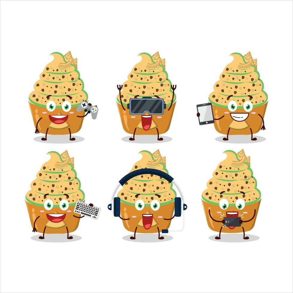 Ice cream melon cup cartoon character are playing games with various cute emoticons vector