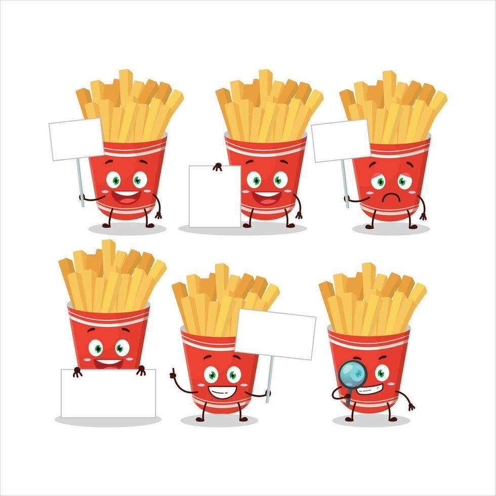 Cup of french fries cartoon character bring information board vector