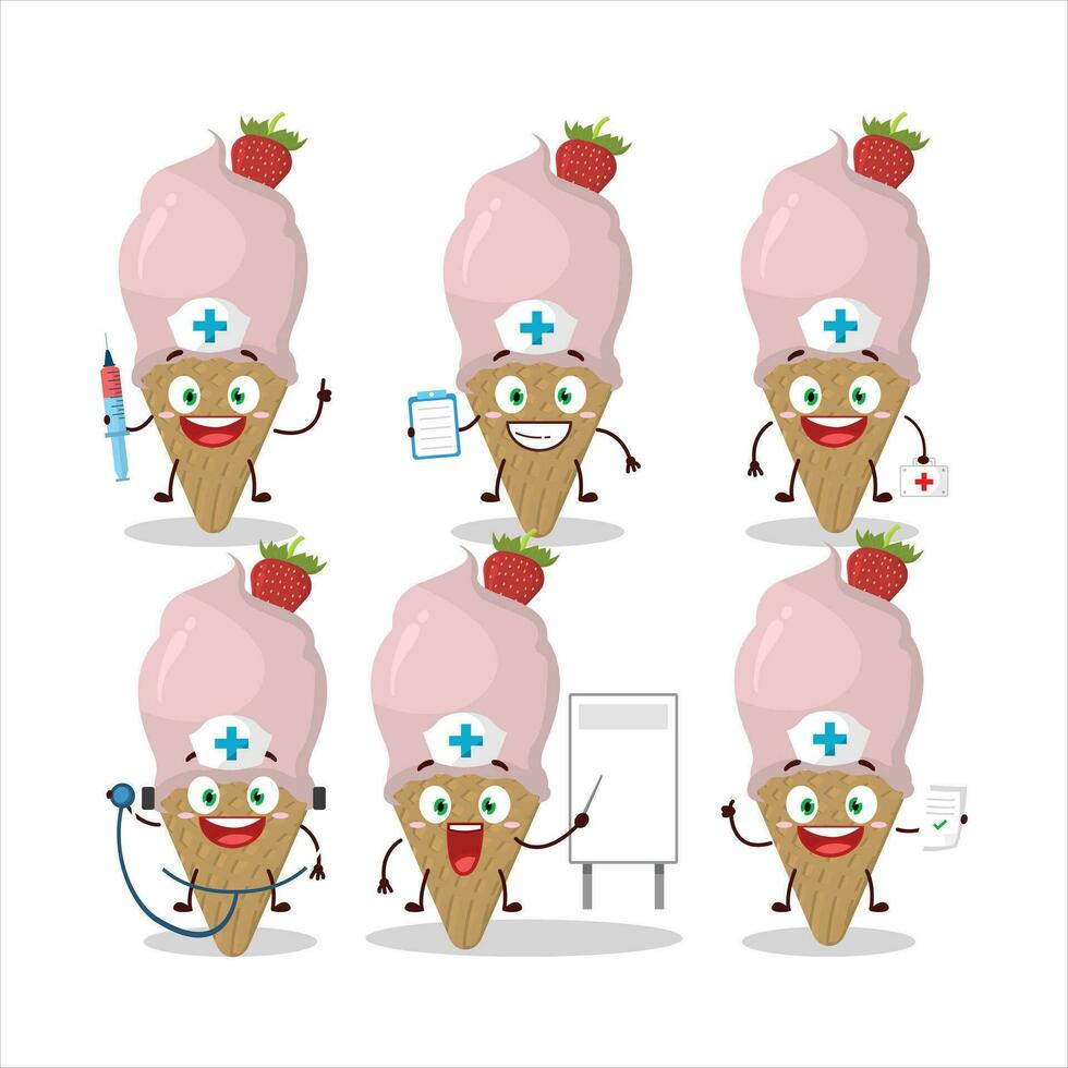 médico profesión emoticon con hielo crema fresa dibujos animados personaje vector