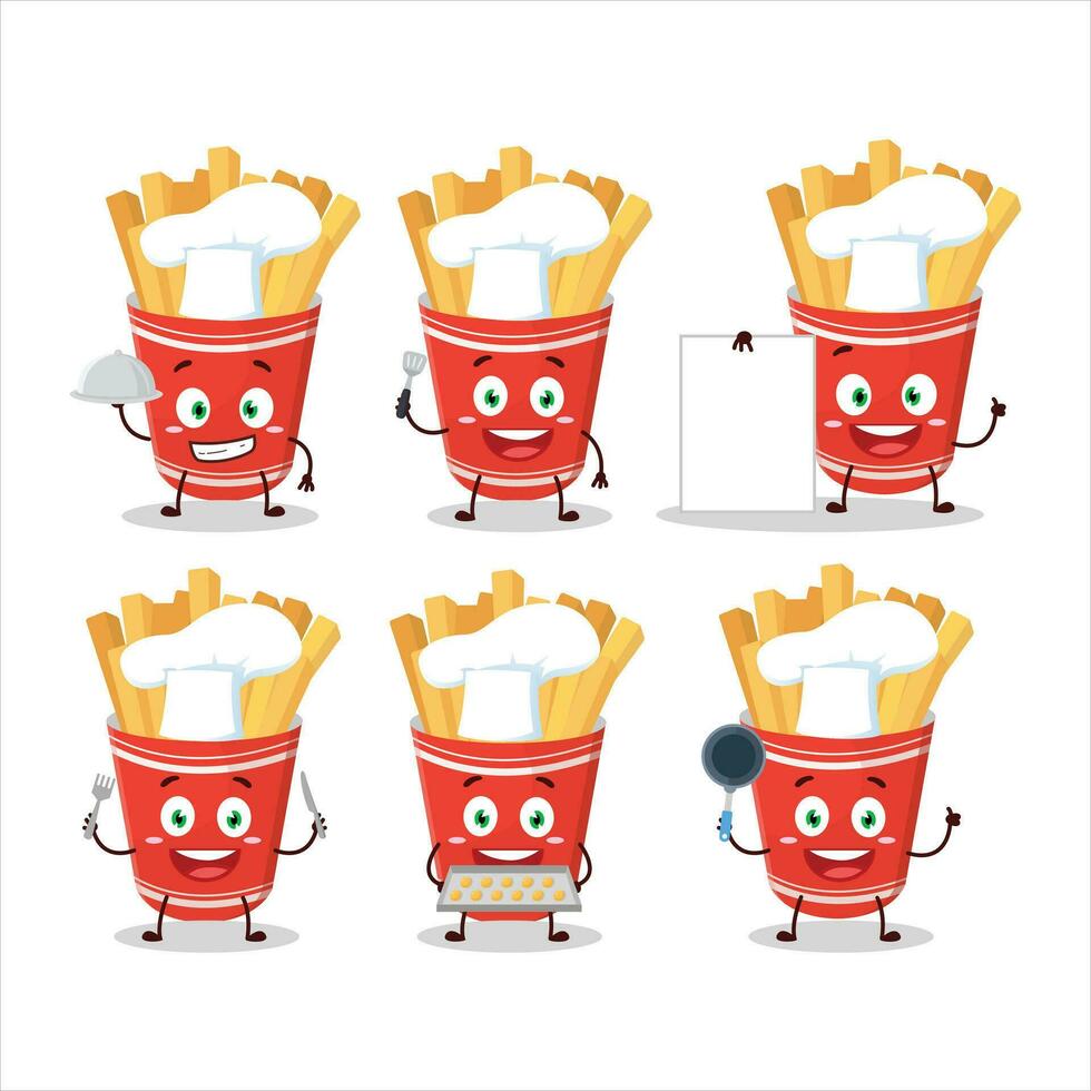 Cartoon character of cup of french fries with various chef emoticons vector