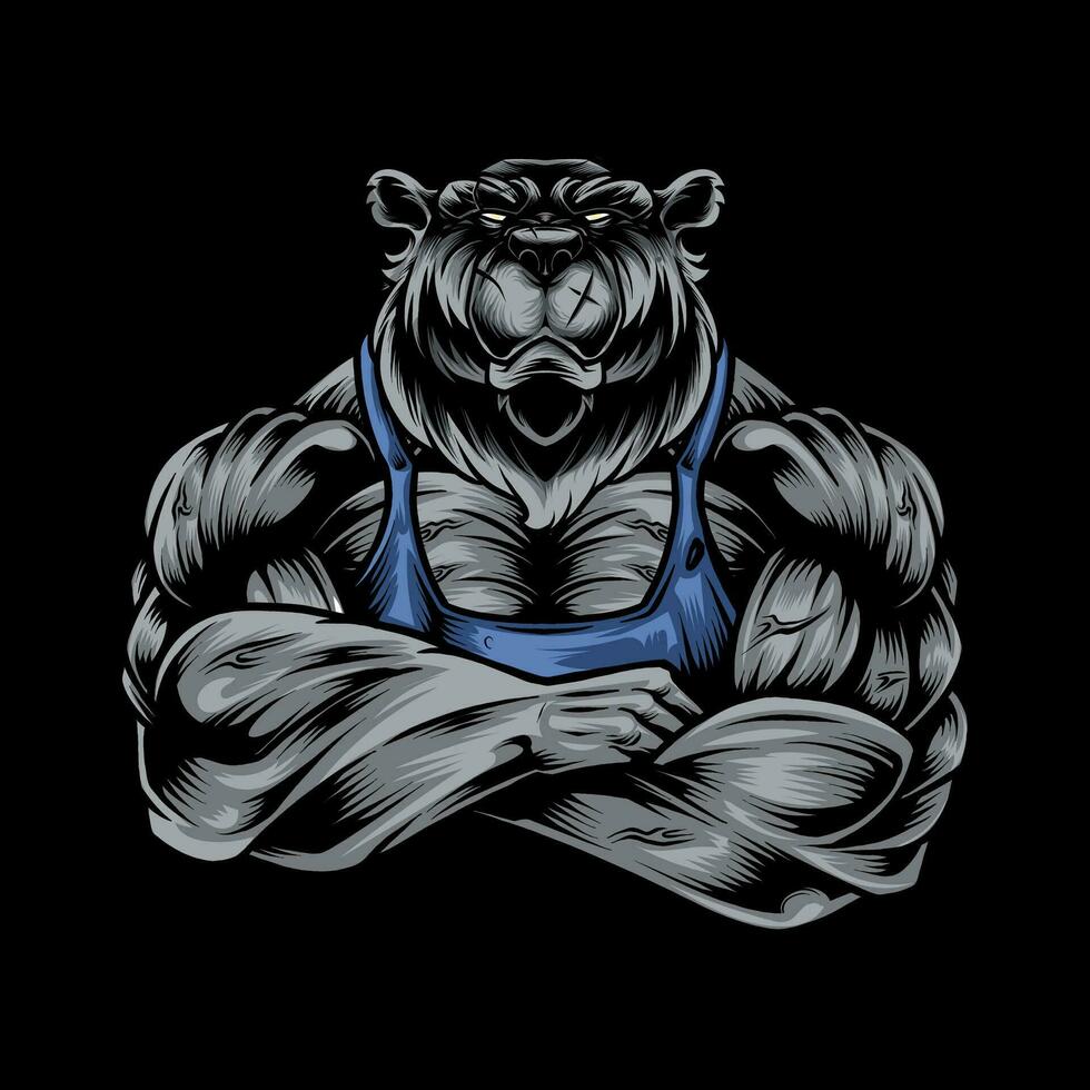 Ferocious bear athlete posing, showing large biceps vector