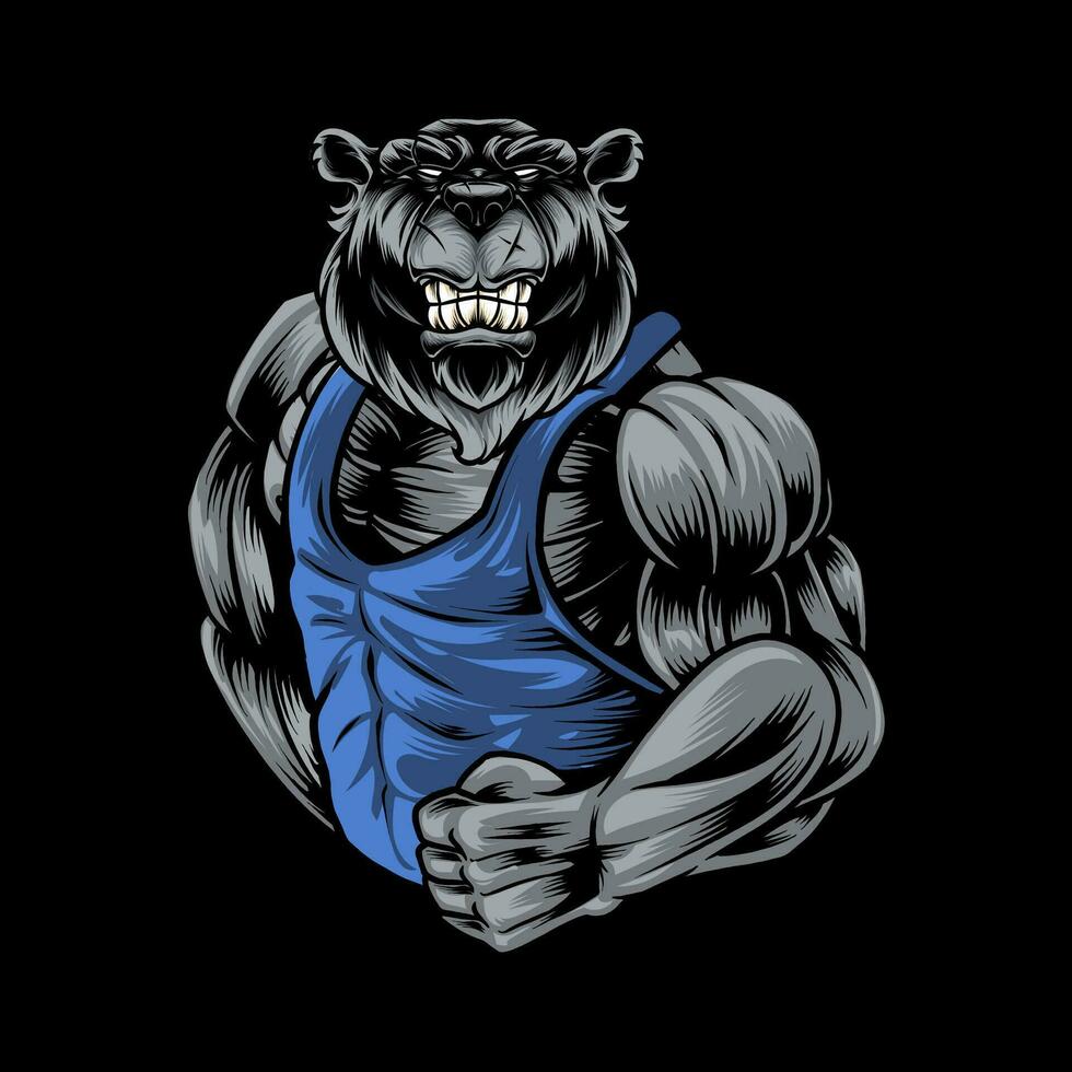 Ferocious bear athlete posing, showing large biceps vector