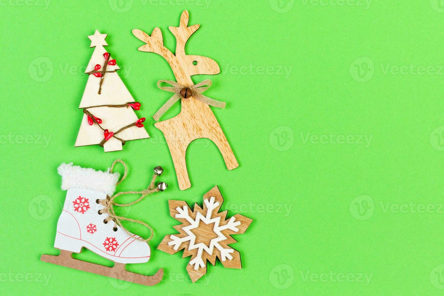 Top view of festive composition made of New Year decorations on colorful background. Merry Christmas concept with empty space for your design photo