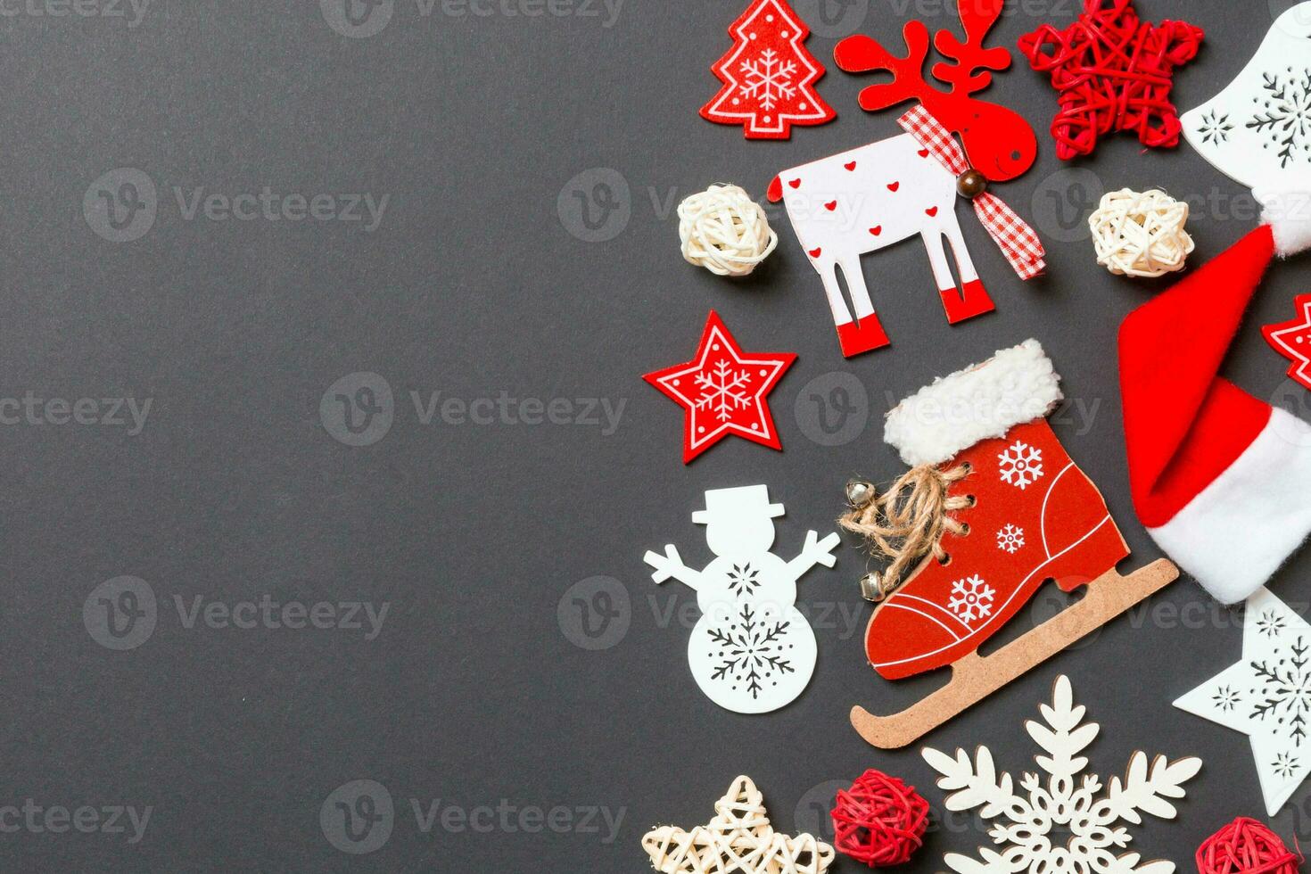 New Year decorations on black background. Merry Christmas concept with empty space for your design photo