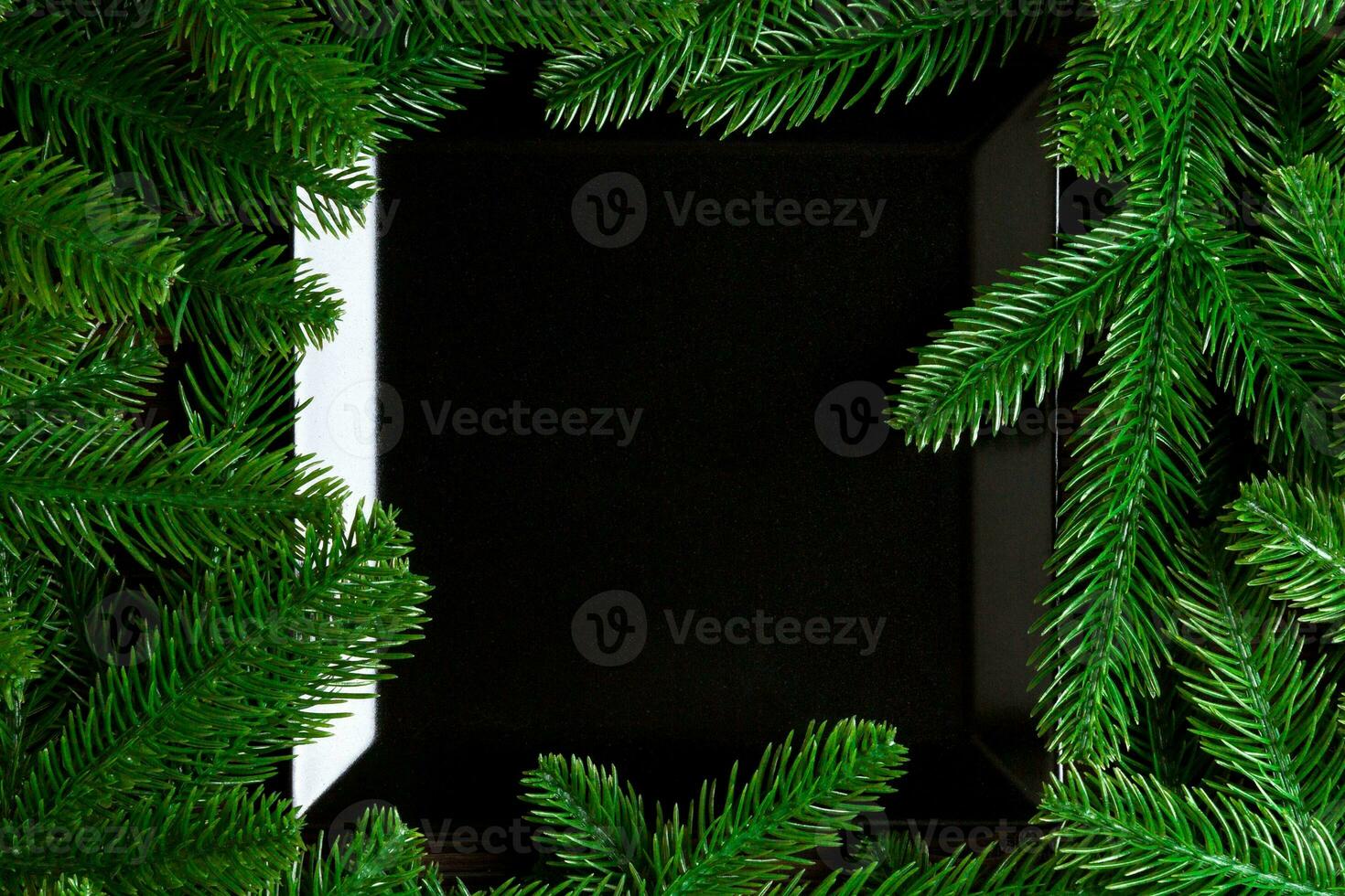 Top view served plate with green fir tree branches. Holiday dinner concept with copy space photo