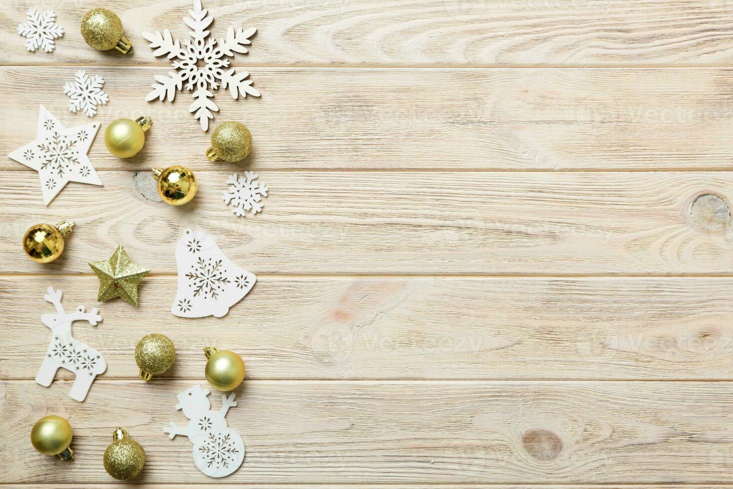 New Year composition white christmas snowflakes. Christmas decor background with pine cones. Top view with copy space photo
