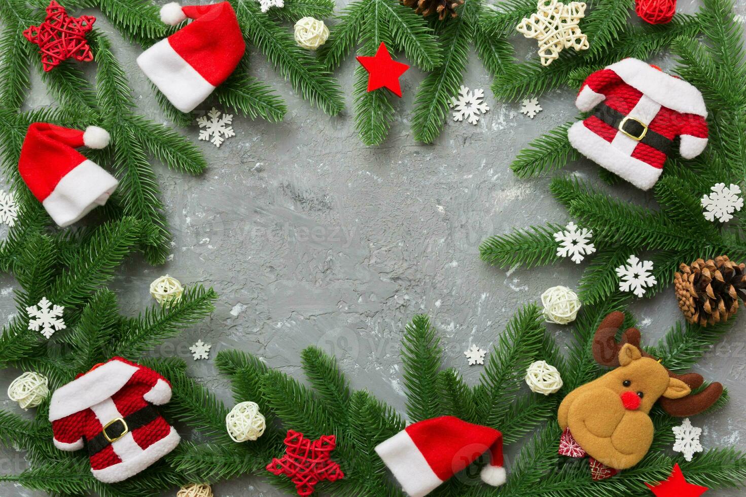 Christmas background with fir branches and Christmas decor. Top view, copy space for text photo