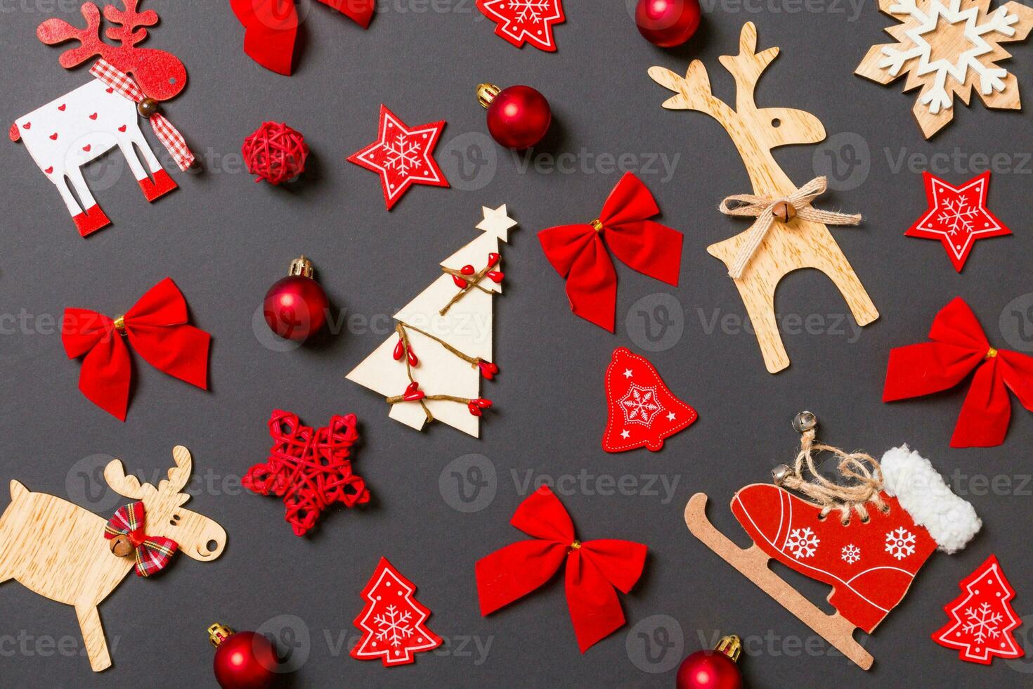 Christmas black background with holiday toys and decorations. Happy New Year concept photo