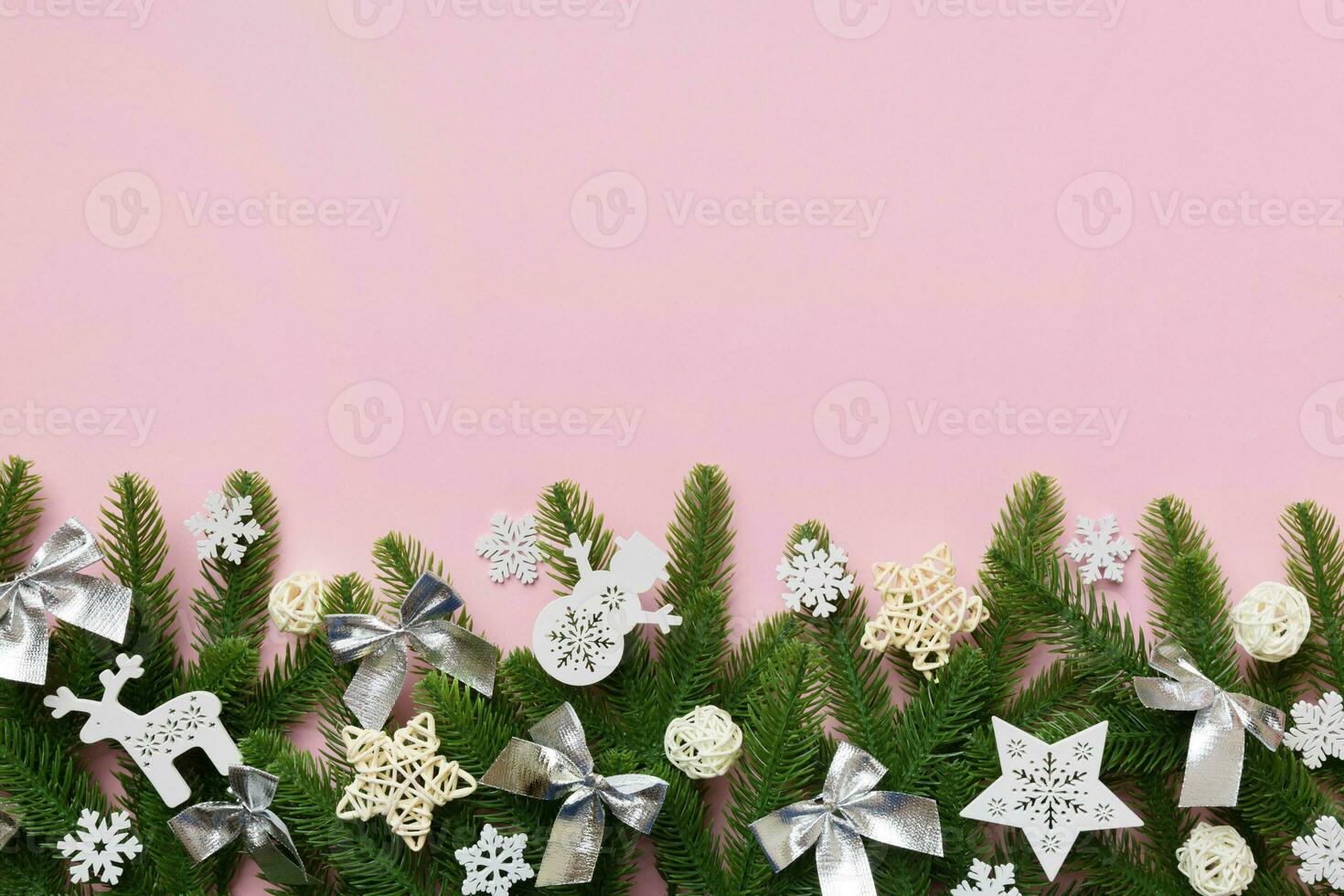 Christmas background with fir branches and Christmas decor. Top view, copy space for text photo