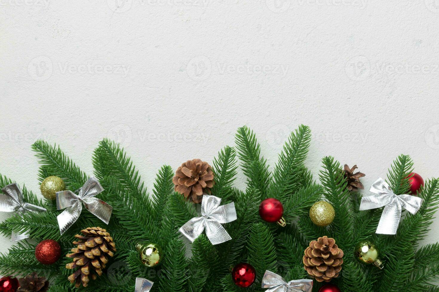 Christmas background with fir branches and Christmas decor. Top view, copy space for text photo