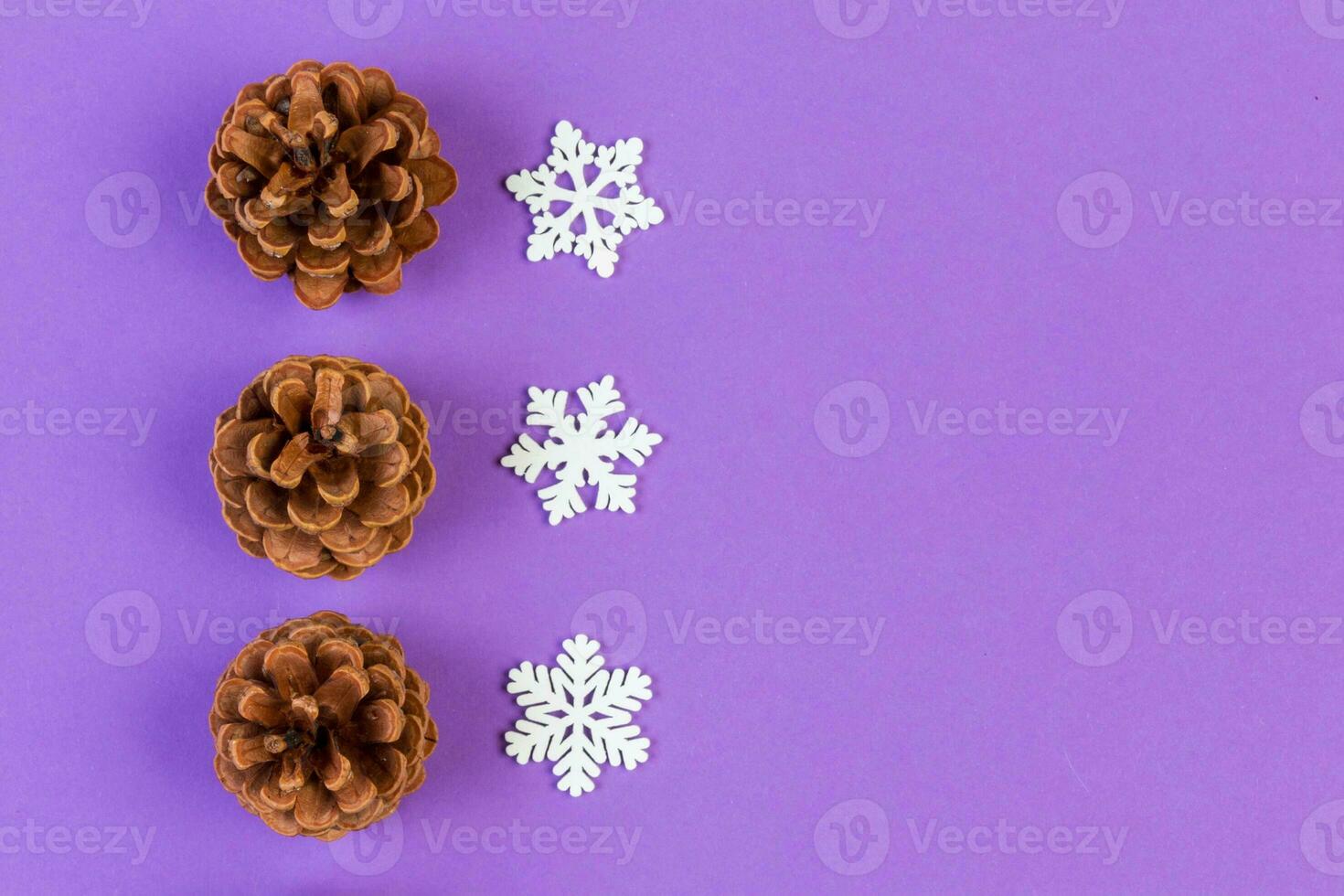 Top view of holiday composition made of pine cones and white snowflakes on colorful background. Winter time and Christmas concept with copy space photo