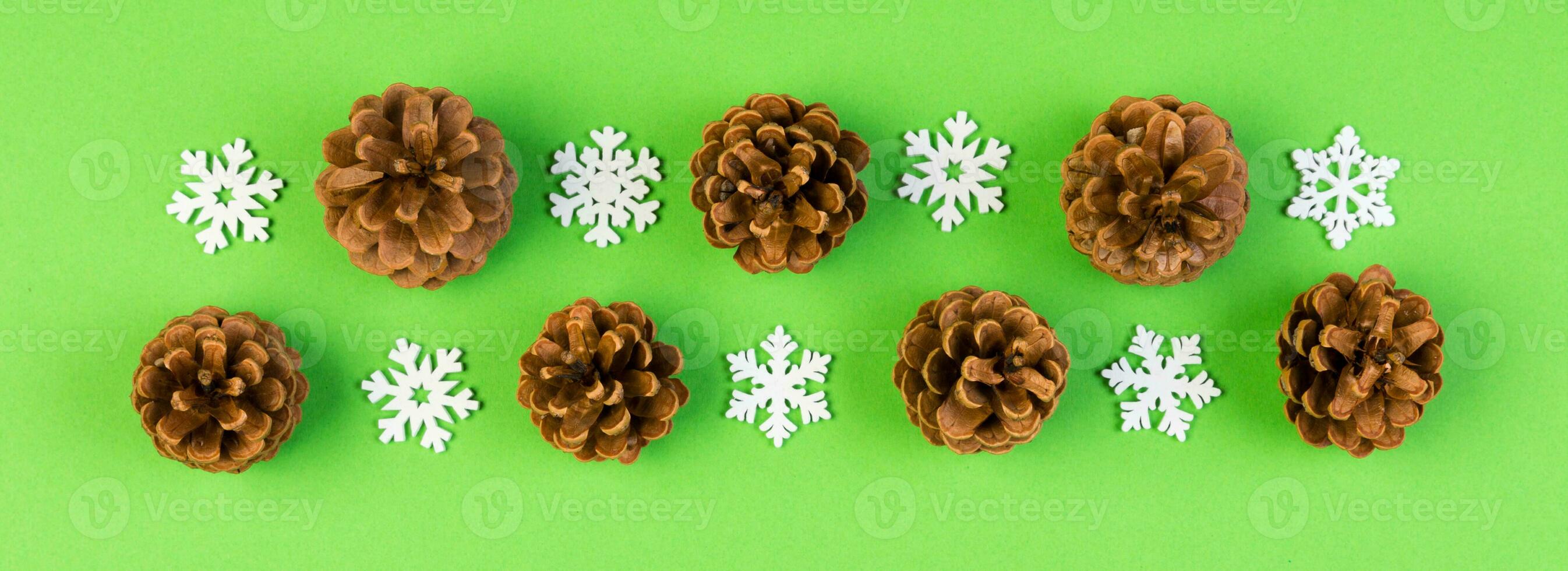 Top view Banner of holiday composition made of pine cones and white snowflakes on colorful background. Winter time and Christmas concept with copy space photo