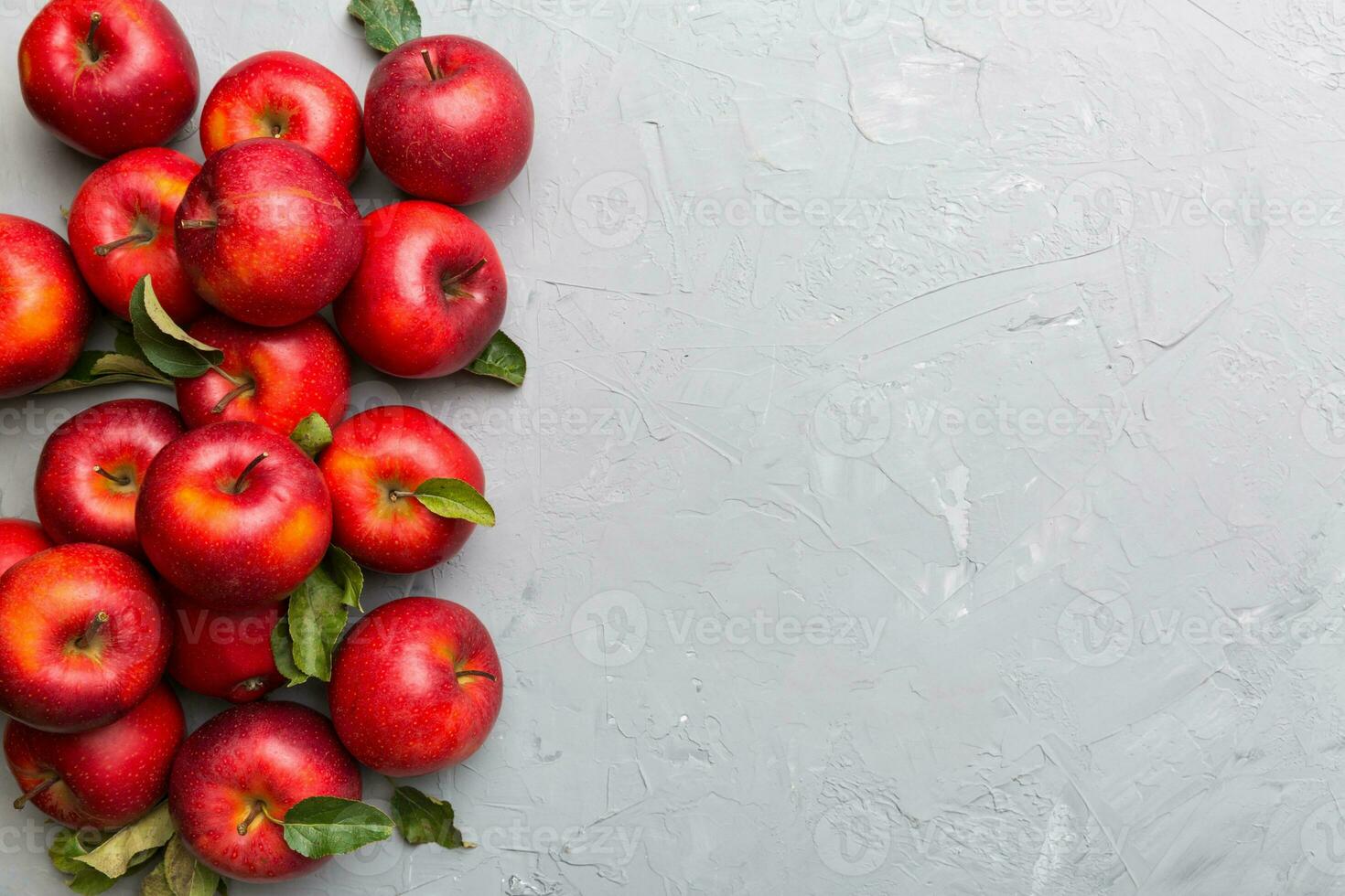 Many red apples on colored background, top view. Autumn pattern with fresh apple above view with copy space for design or text photo