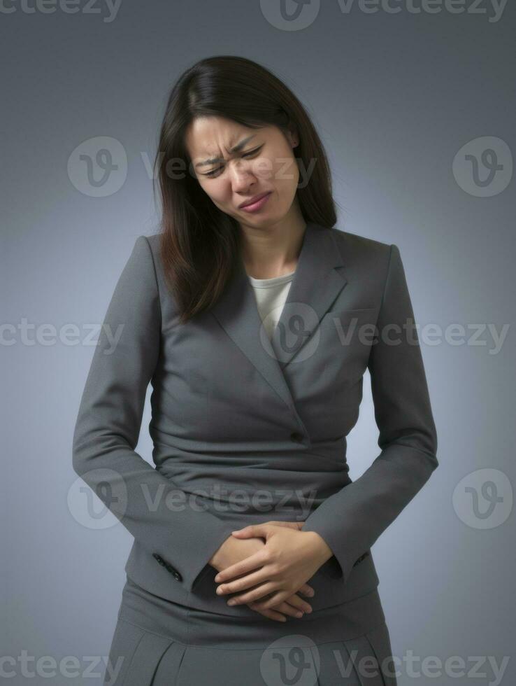 Asian woman appears to be in pain on grey background AI Generative photo