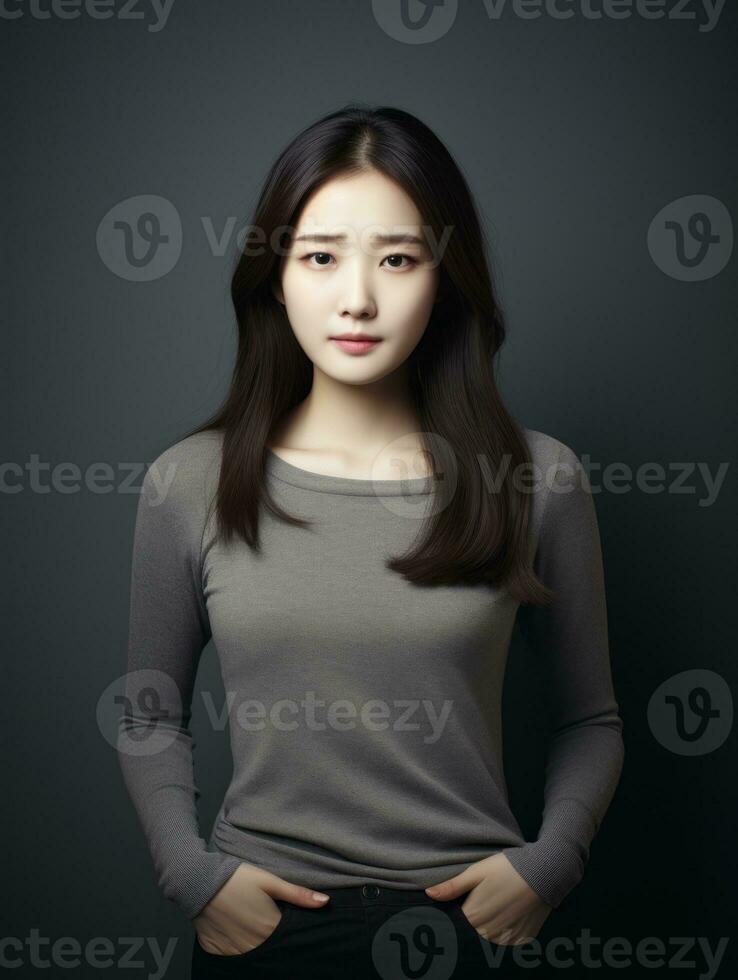 Asian woman appears to be in pain on grey background AI Generative photo