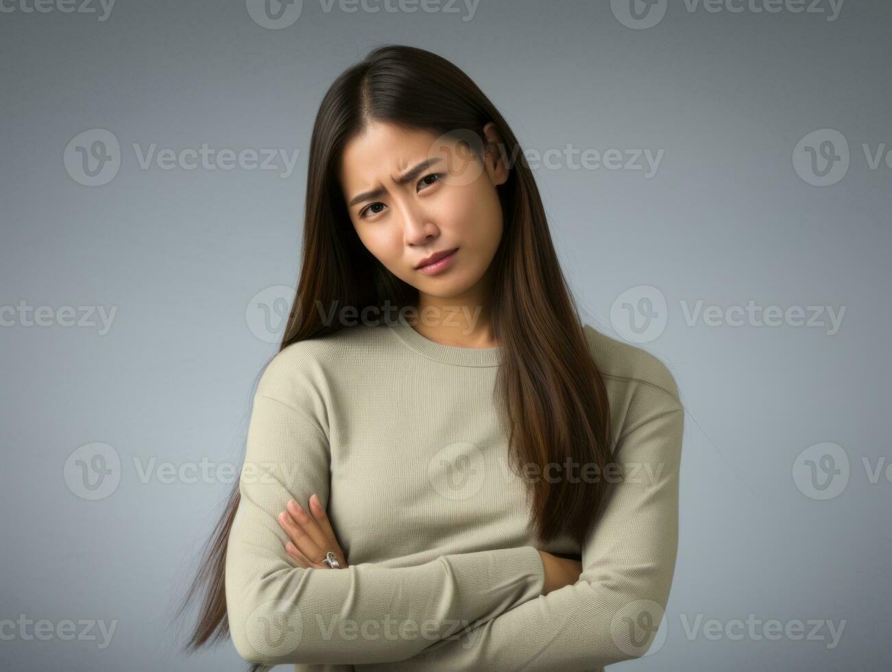 Asian woman appears to be in pain on grey background AI Generative photo