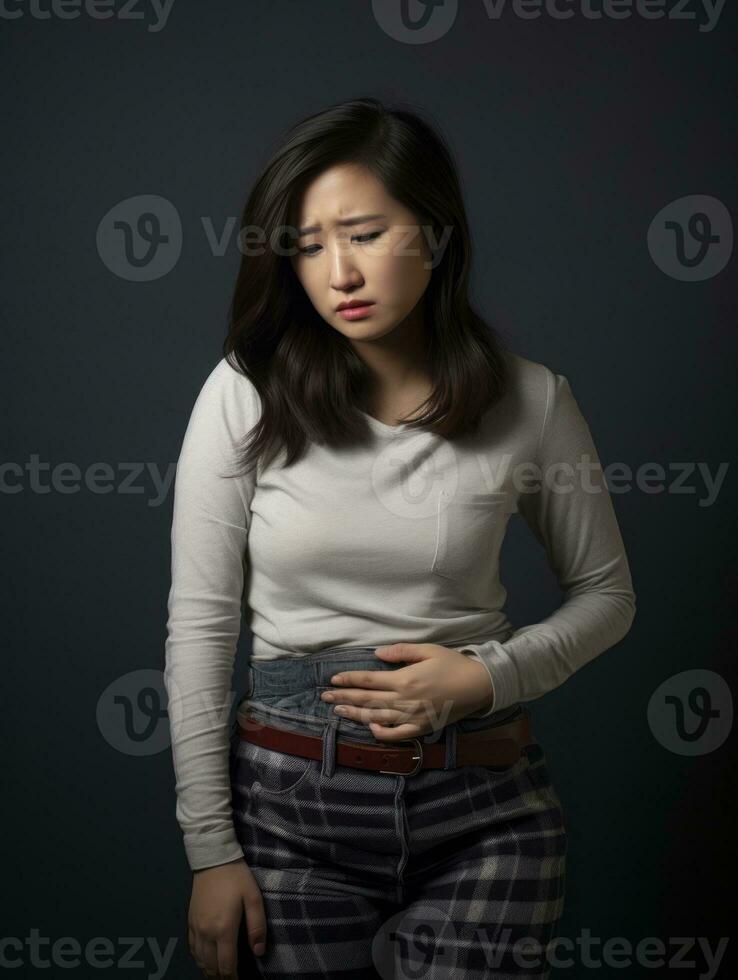 Asian woman appears to be in pain on grey background AI Generative photo