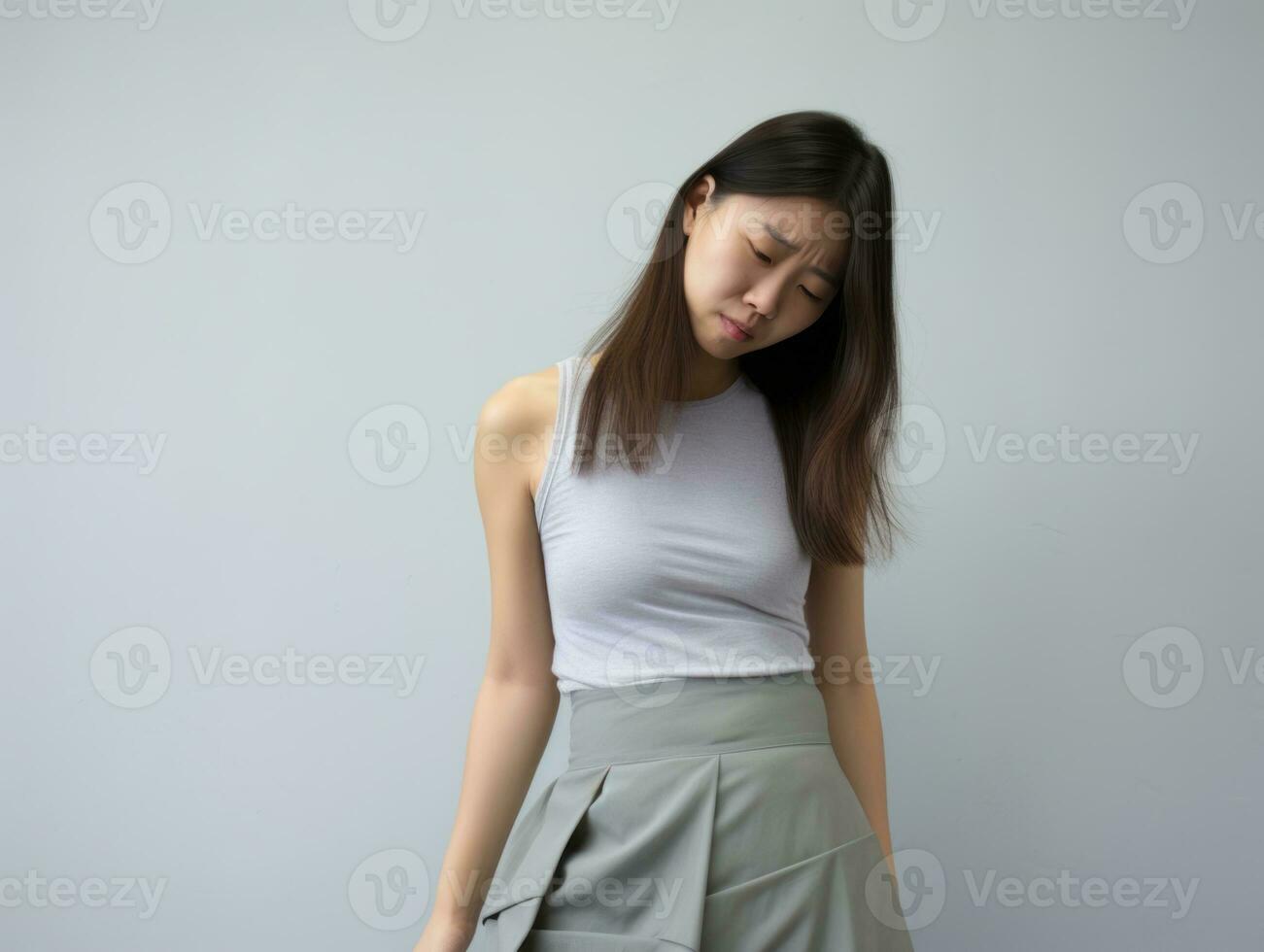 asiático mujer aparece a ser en dolor en gris antecedentes ai generativo foto
