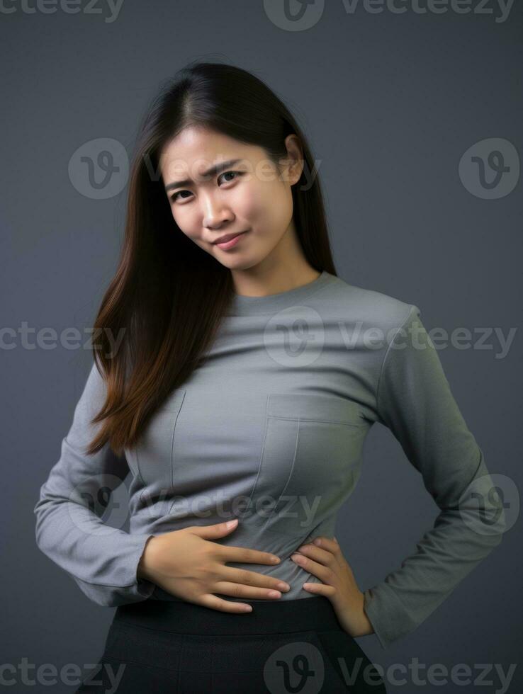 Asian woman appears to be in pain on grey background AI Generative photo