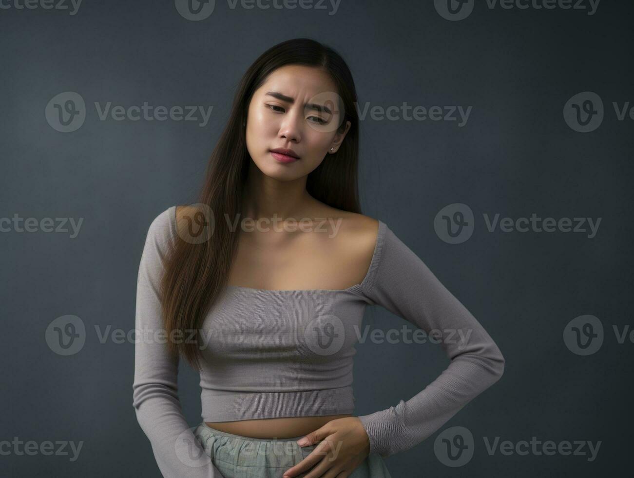 Asian woman appears to be in pain on grey background AI Generative photo