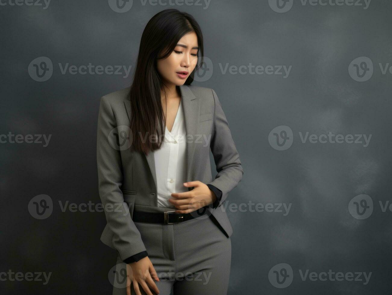 Asian woman appears to be in pain on grey background AI Generative photo