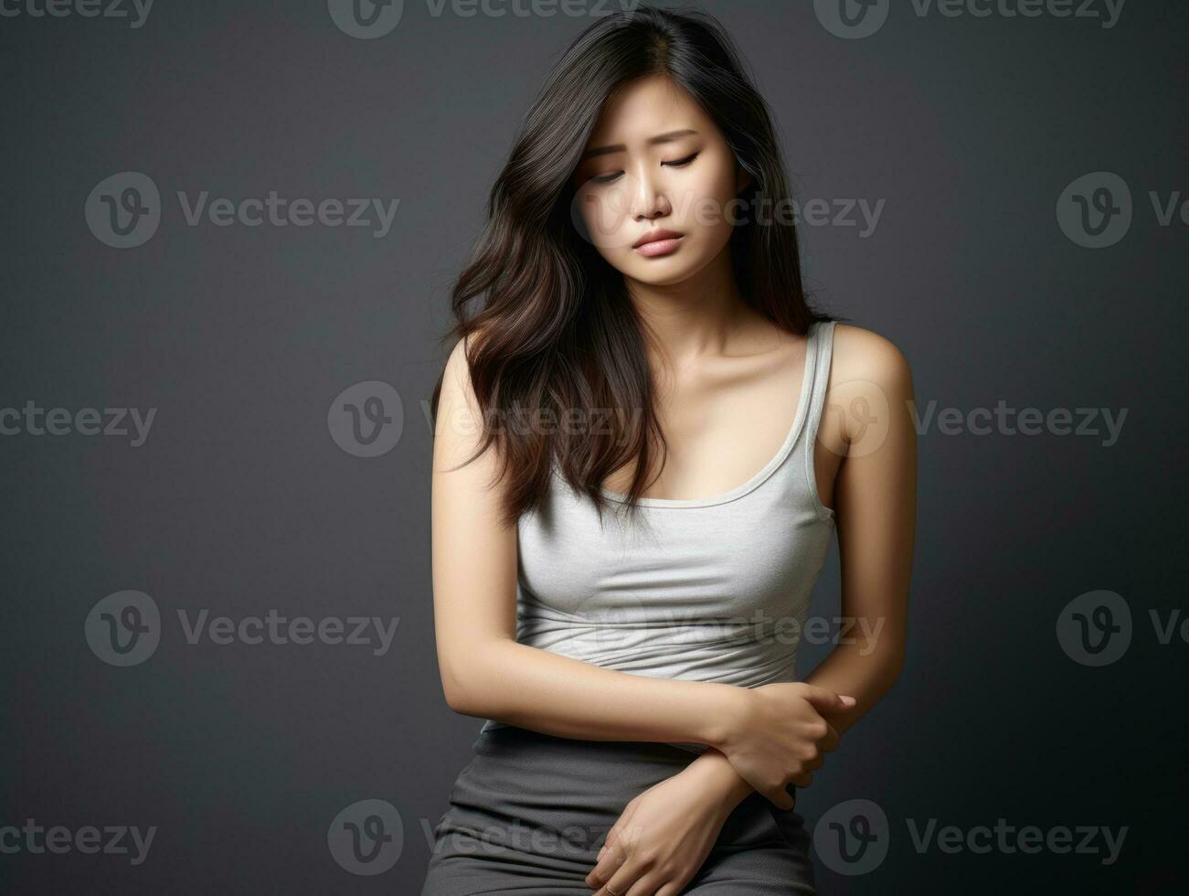 asiático mujer aparece a ser en dolor en gris antecedentes ai generativo foto