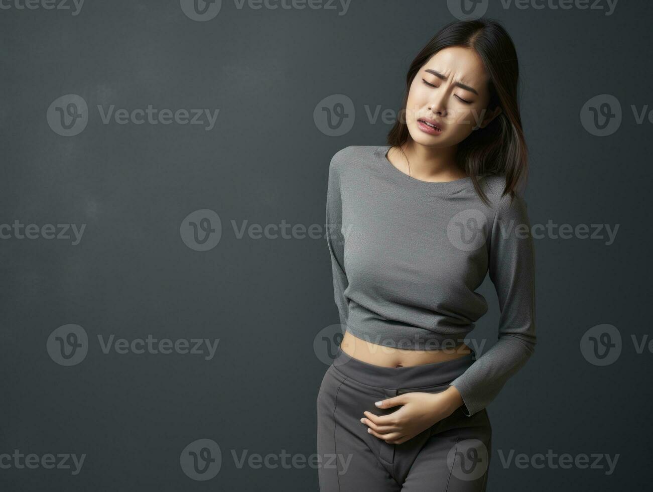 Asian woman appears to be in pain on grey background AI Generative photo