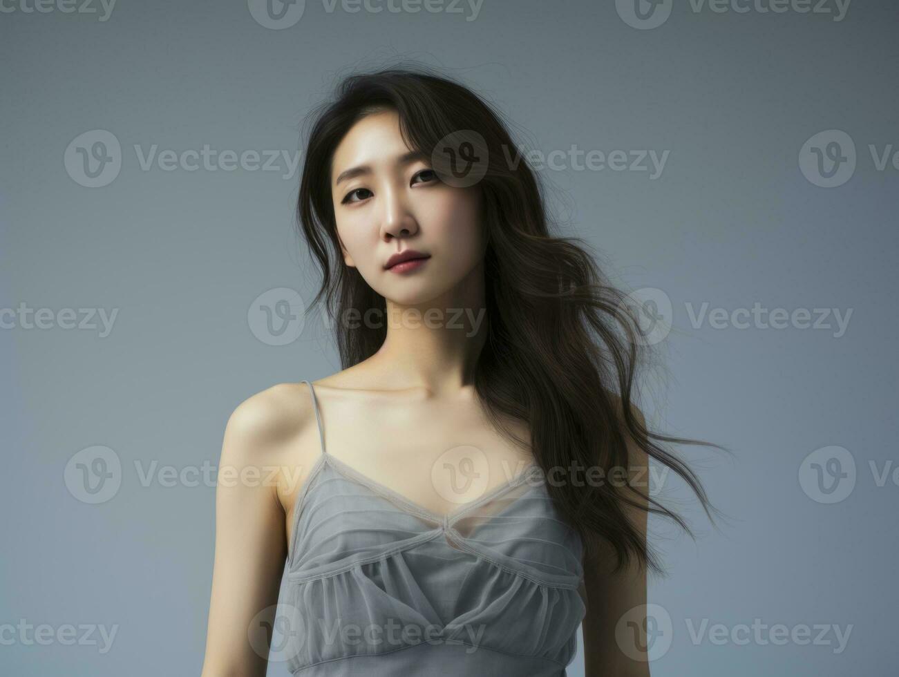 Asian woman appears to be in pain on grey background AI Generative photo